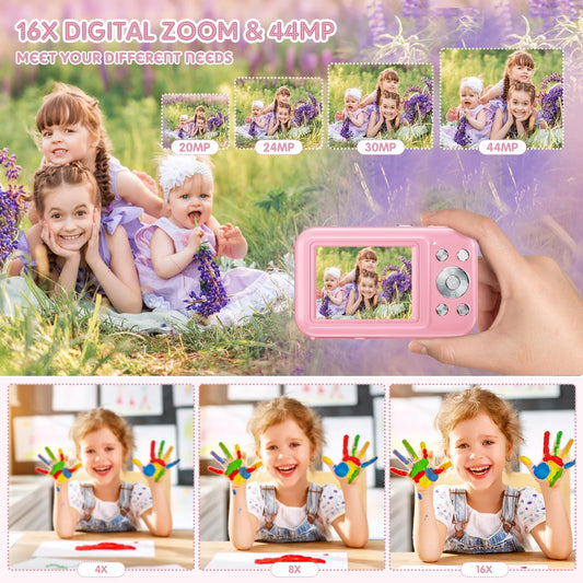 Kids Digital Camera - 32GB Card, FHD 1080P, 44MP Vlogging Camera with 16X Digital Zoom, Portable Design (Pink)