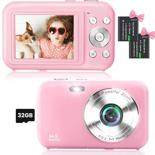 Kids Digital Camera - 32GB Card, FHD 1080P, 44MP Vlogging Camera with 16X Digital Zoom, Portable Design (Pink)